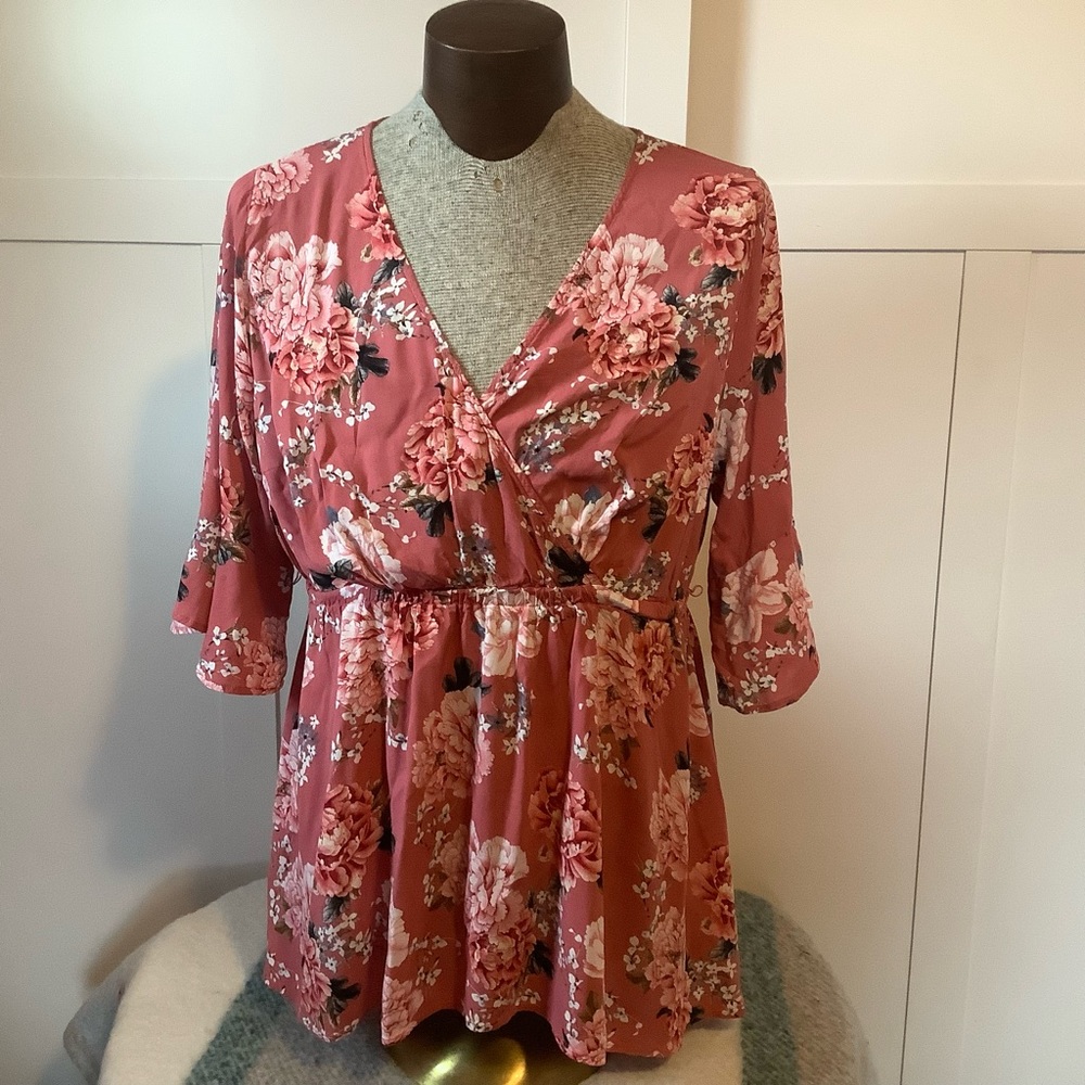 torrid Dusty Rose Floral Wrap Peplum Blouse